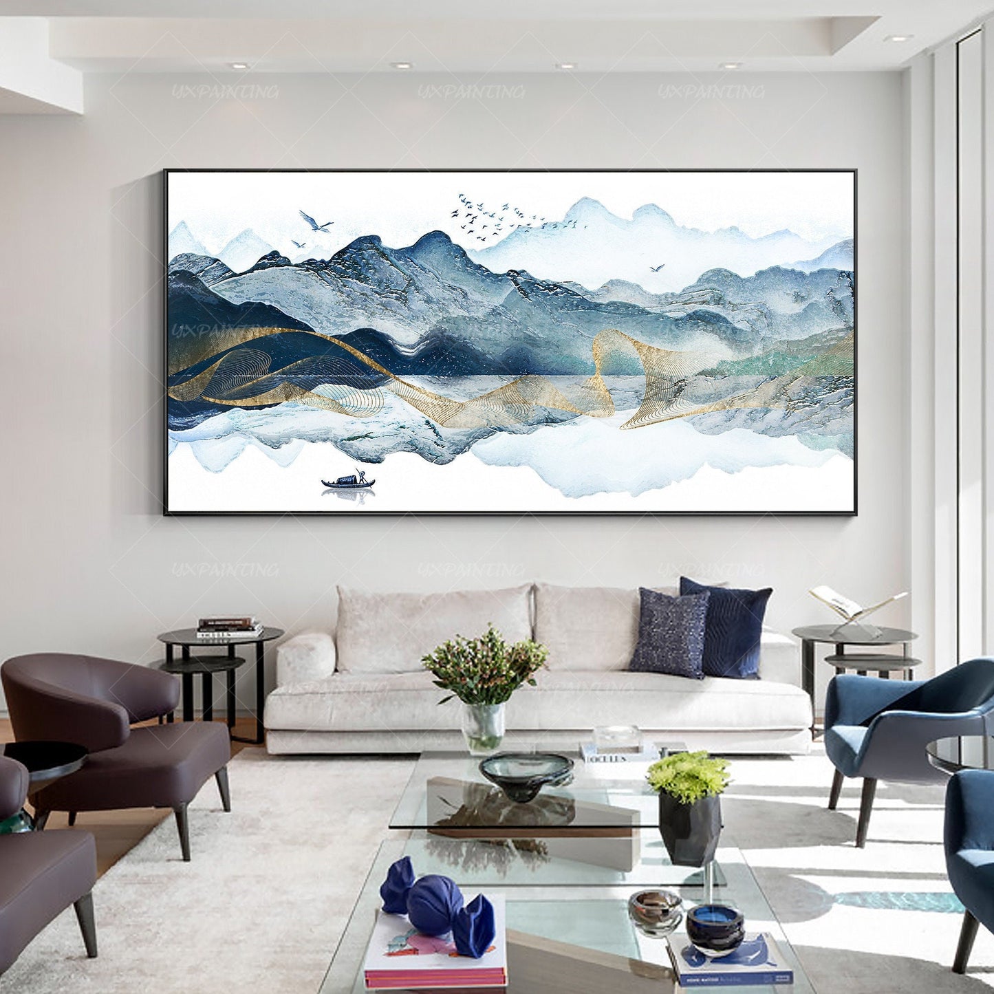 Ingelijste canvasprint berg: oosterse aquarel landschapsmuurkunst #1