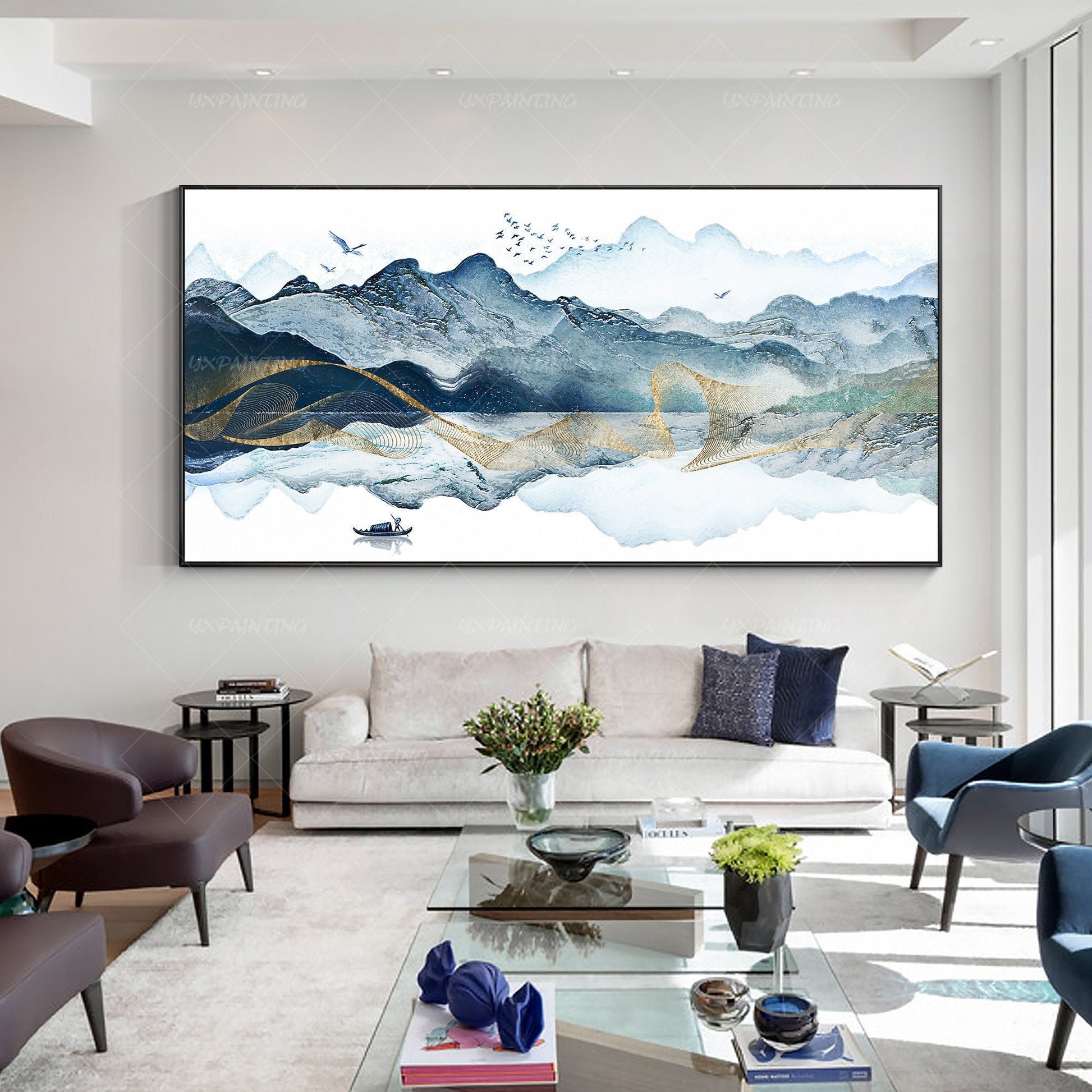 Ingelijste canvasprint berg: oosterse aquarel landschapsmuurkunst #1
