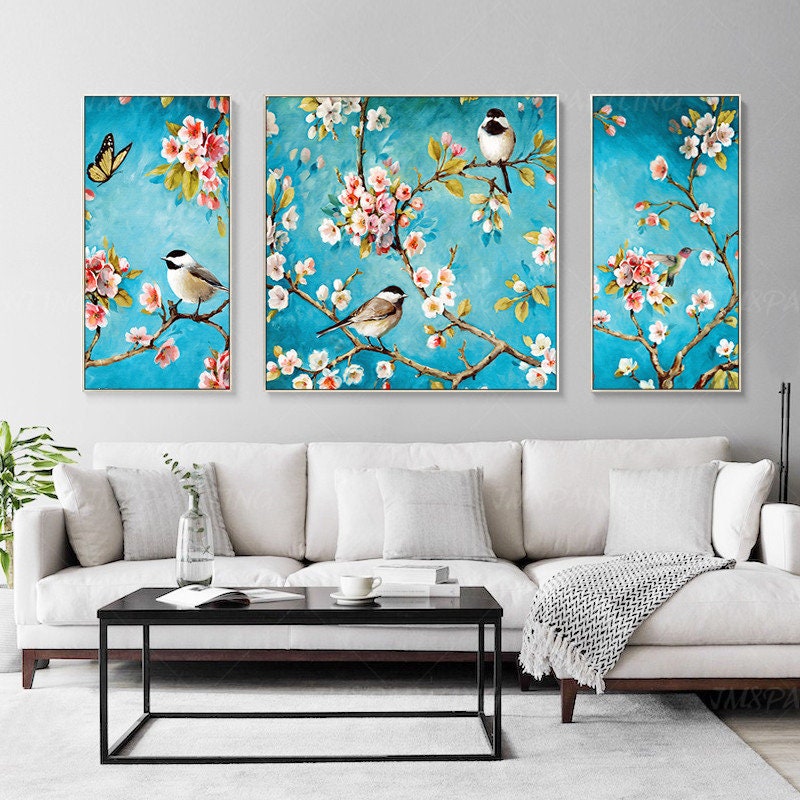 Ingelijste muurkunst 3 stuks originele vogels en bloemen landschap blauw schilde #11