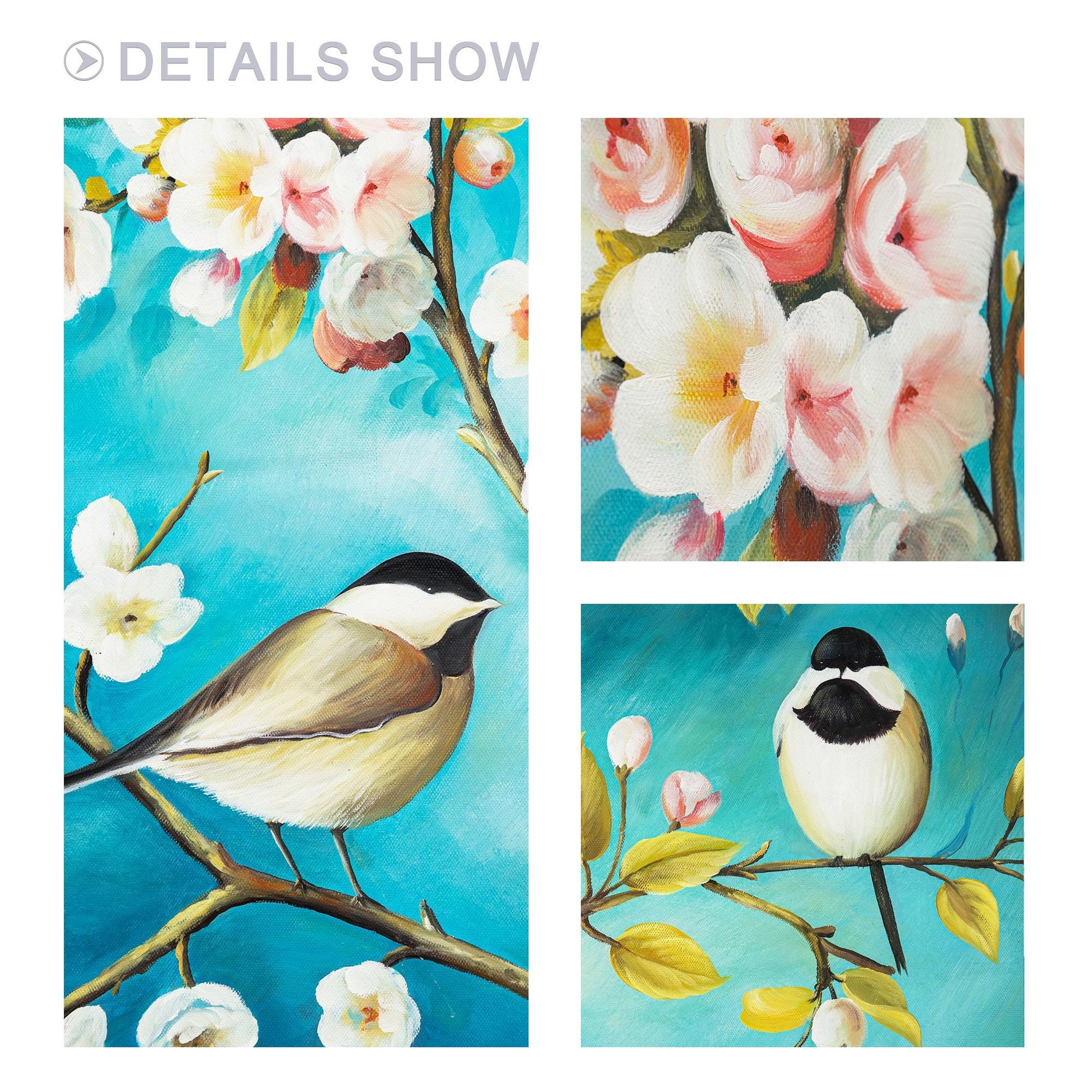 Ingelijste muurkunst 3 stuks originele vogels en bloemen landschap blauw schilde #12