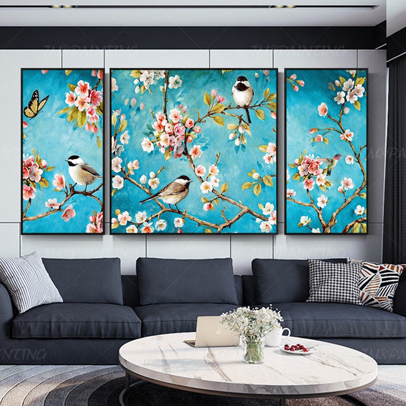 Ingelijste muurkunst 3 stuks originele vogels en bloemen landschap blauw schilde #14