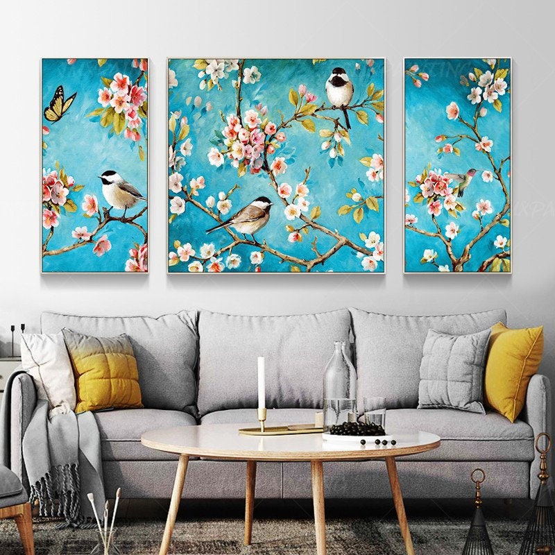 Ingelijste muurkunst 3 stuks originele vogels en bloemen landschap blauw schilde #15