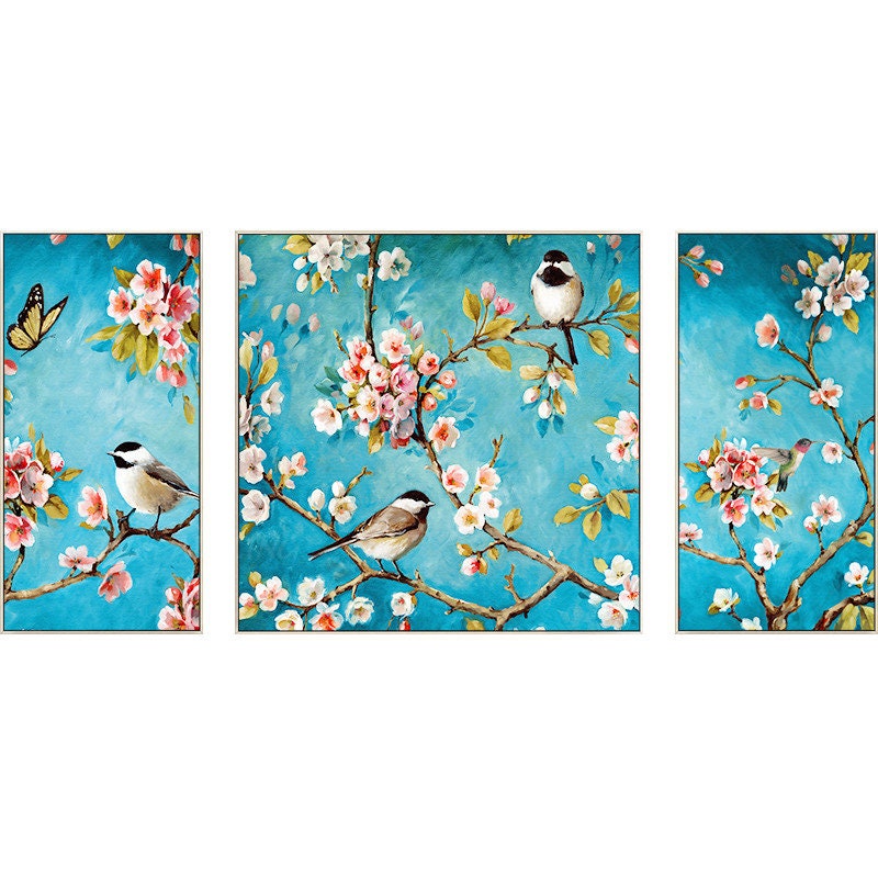 Ingelijste muurkunst 3 stuks originele vogels en bloemen landschap blauw schilde #16