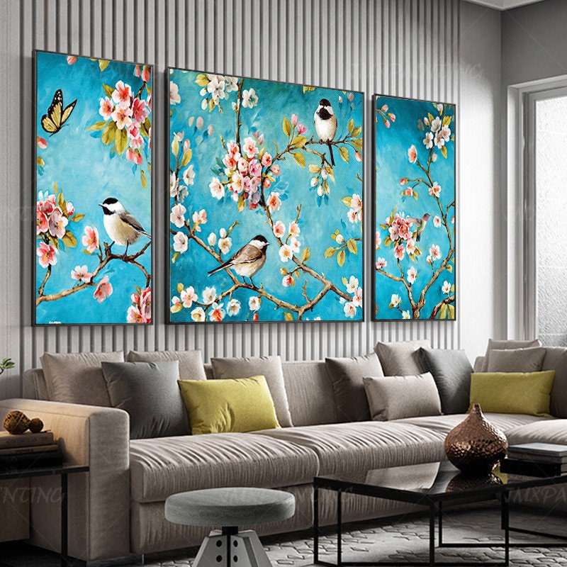 Ingelijste muurkunst 3 stuks originele vogels en bloemen landschap blauw schilde #3