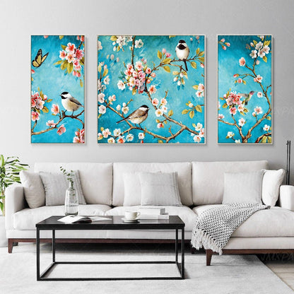 Ingelijste muurkunst 3 stuks originele vogels en bloemen landschap blauw schilde #1