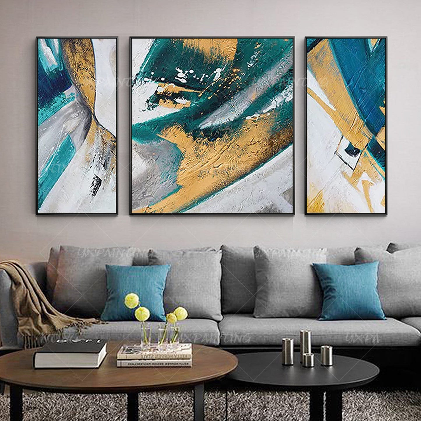 Ingelijste muurkunst blauwe kunst abstracte acrylschilderijen op canvas goud sch #11