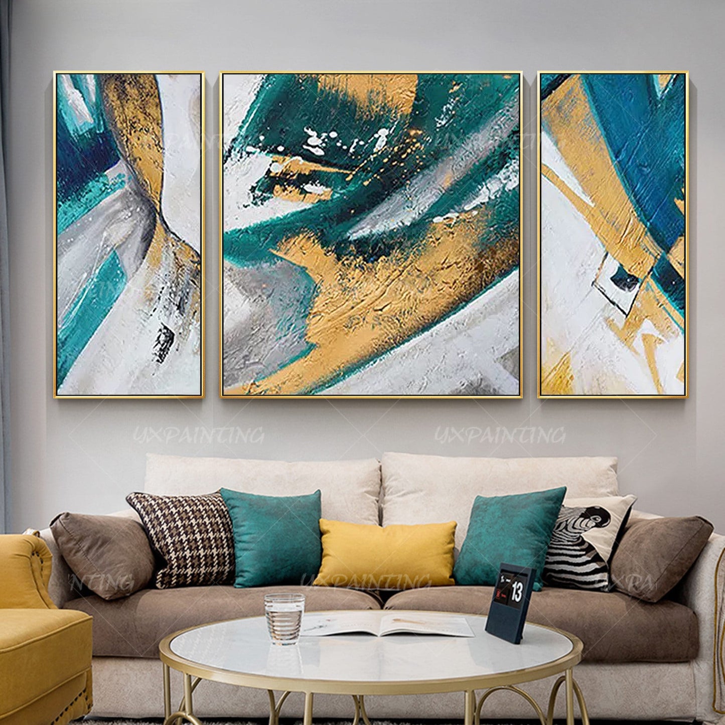 Ingelijste muurkunst blauwe kunst abstracte acrylschilderijen op canvas goud sch #13