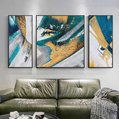 Ingelijste muurkunst blauwe kunst abstracte acrylschilderijen op canvas goud sch #14