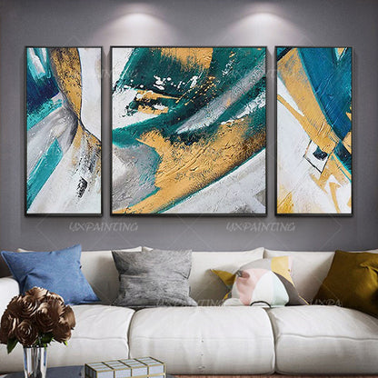 Ingelijste muurkunst blauwe kunst abstracte acrylschilderijen op canvas goud sch #15