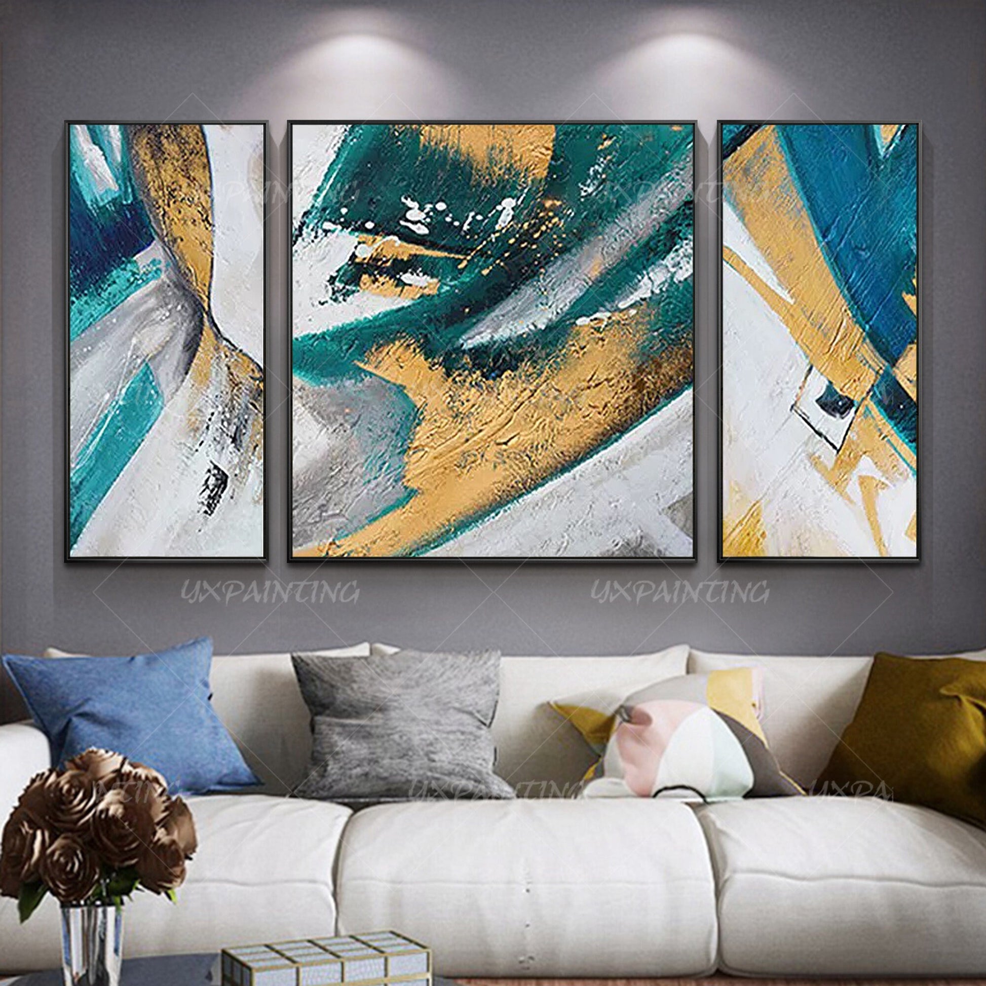Ingelijste muurkunst blauwe kunst abstracte acrylschilderijen op canvas goud sch #5
