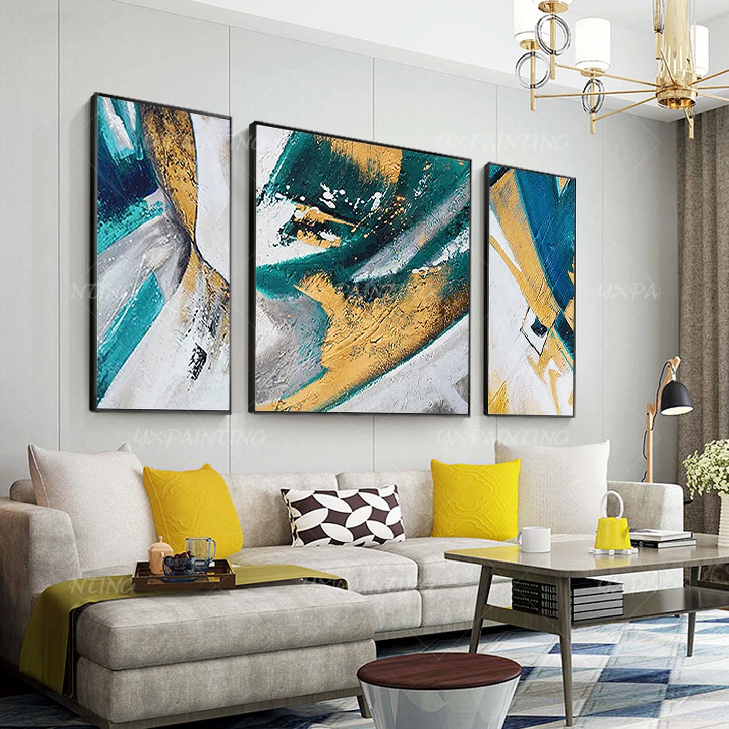 Ingelijste muurkunst blauwe kunst abstracte acrylschilderijen op canvas goud sch #6