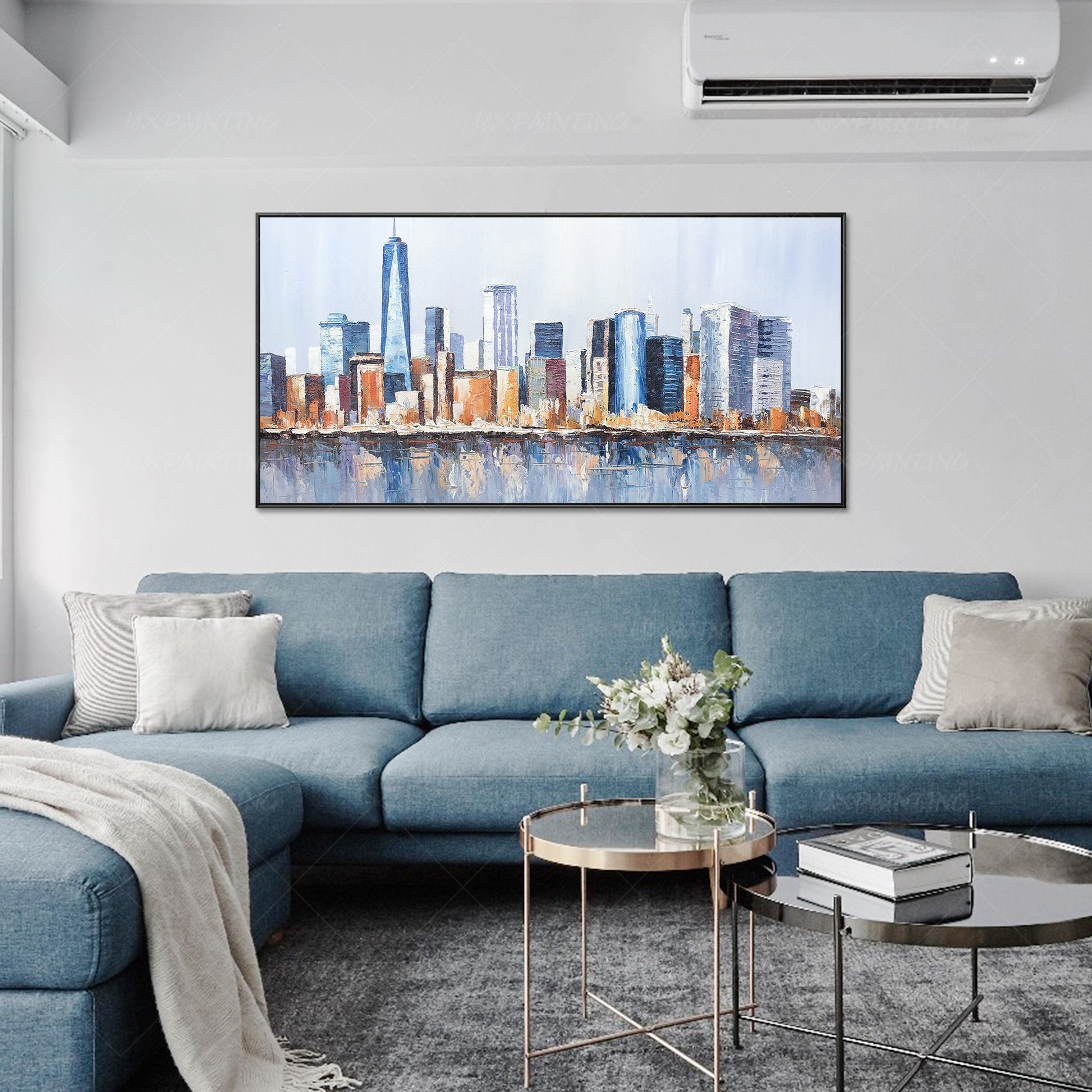Ingelijste muurkunst Originele skyline van New York stadsgezicht schilderij olie #4