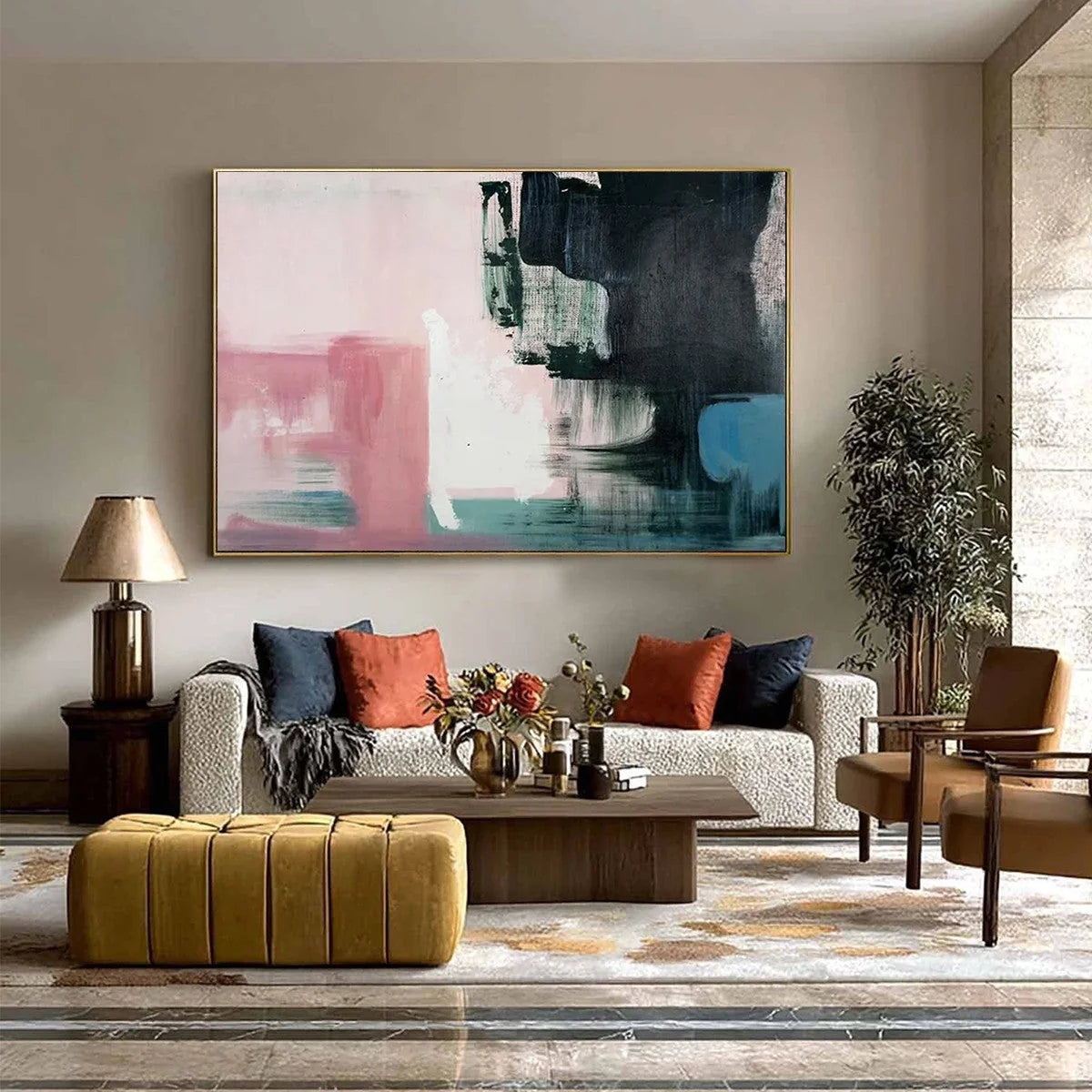 INK & BLOSSOM: Minimalist Abstract Color-Block Oil Painting | black frame version on white wall