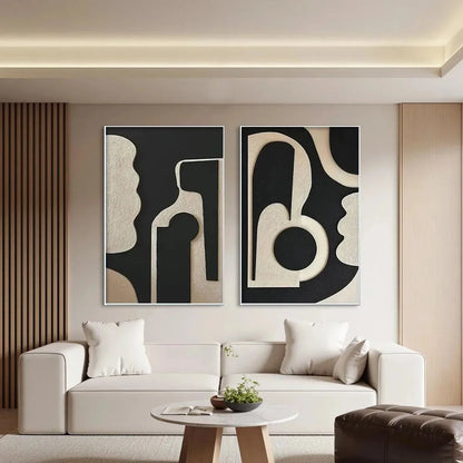 INK BLOT DUO: Abstract Painting, Set of 2, Minimalist Decor, Black and White Wall Art | Minimalist closeup, raised brushwork detail