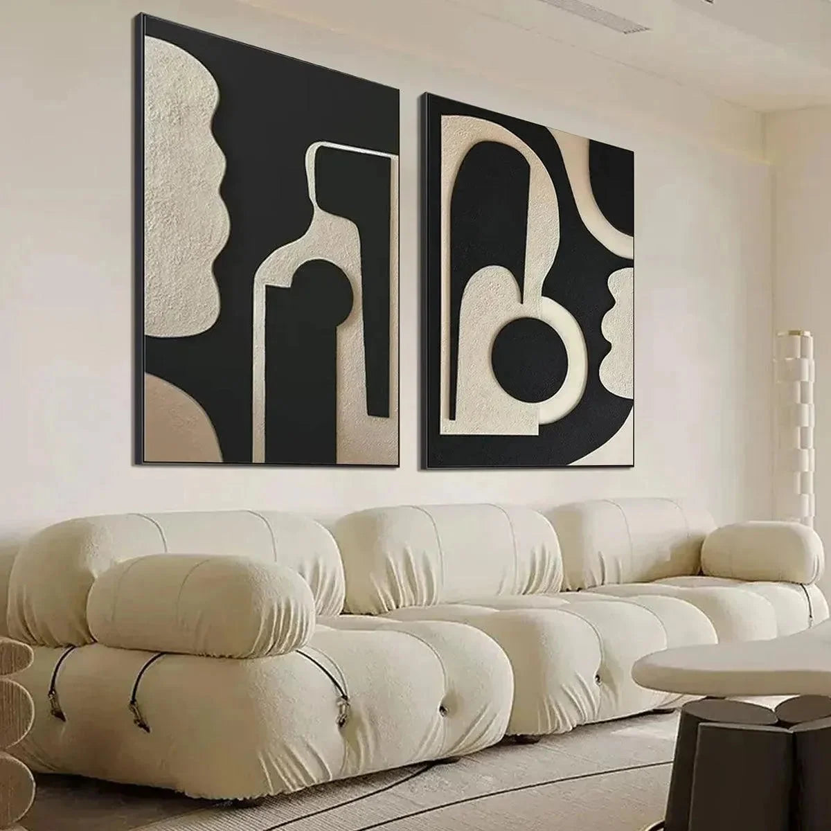 INK BLOT DUO: Abstract Painting, Set of 2, Minimalist Decor, Black and White Wall Art | gold frame stretched on neutral wall