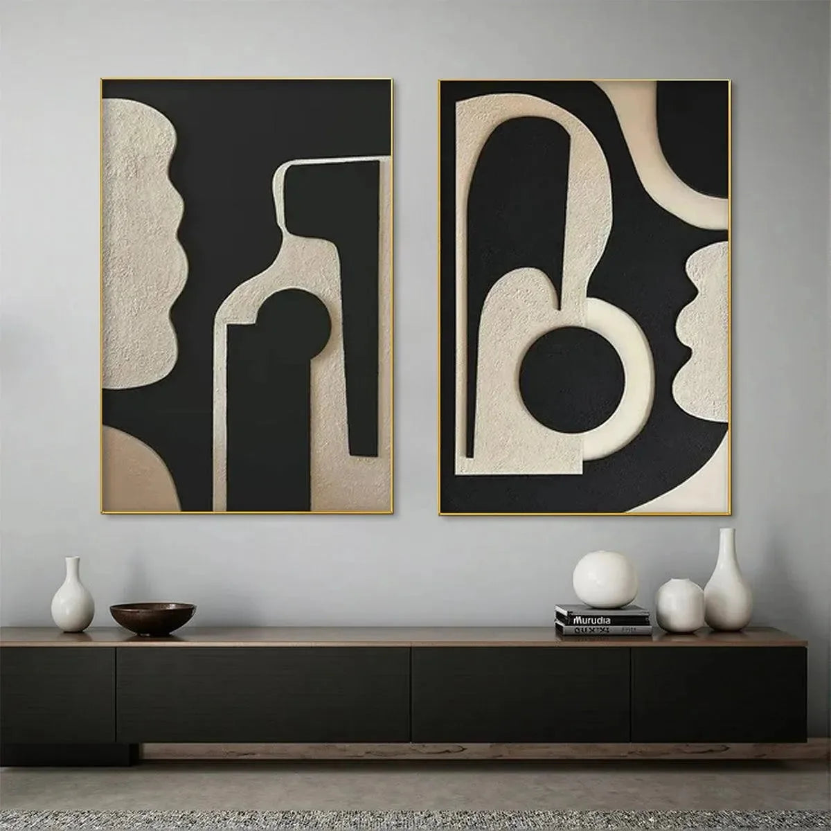 INK BLOT DUO: Abstract Painting, Set of 2, Minimalist Decor, Black and White Wall Art | black frame version on white wall