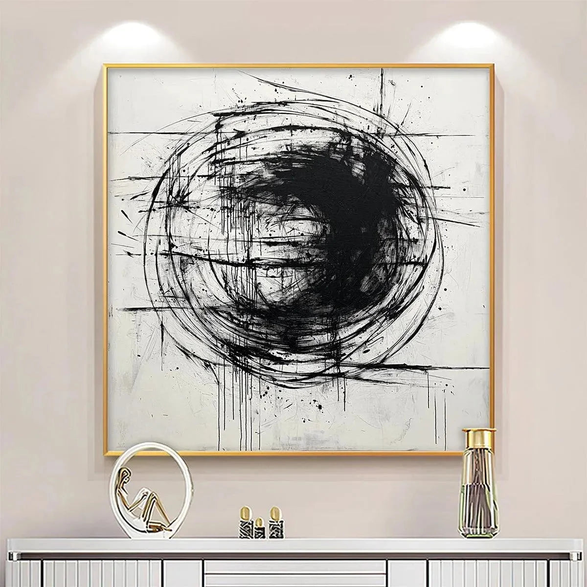 INK VORTEX: Minimalist Black and White Abstract Oil Painting | Minimalist closeup, raised brushwork detail