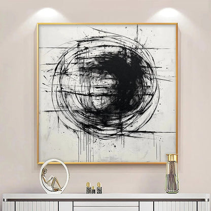 INK VORTEX: Minimalist Black and White Abstract Oil Painting | Minimalist closeup, raised brushwork detail