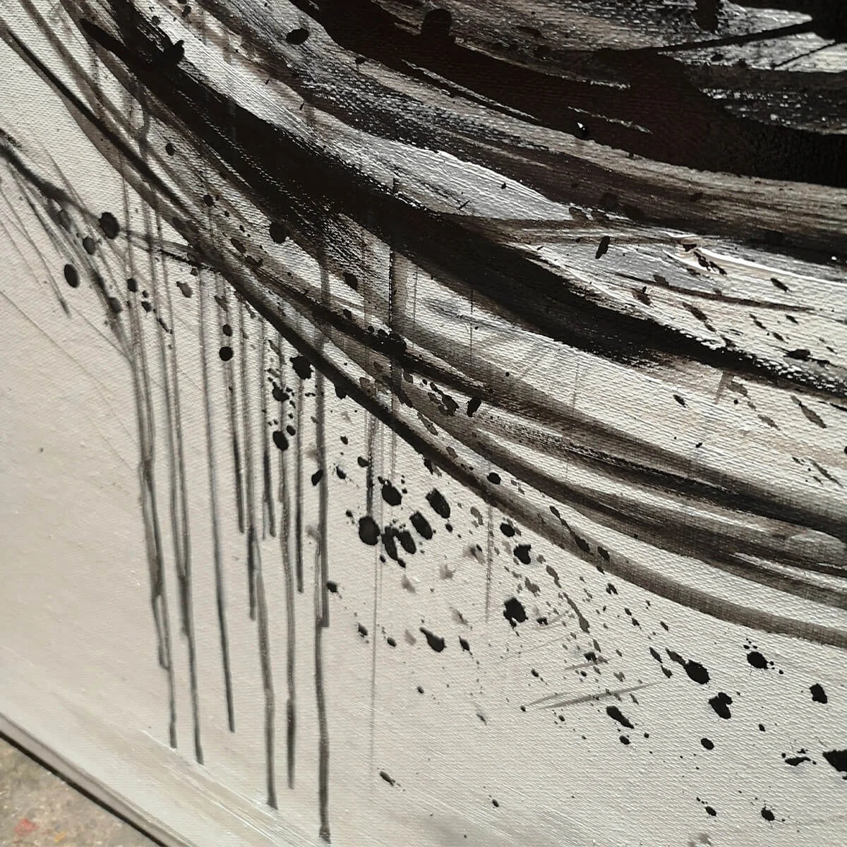 INK VORTEX: Minimalist Black and White Abstract Oil Painting | rectangular format, hand-painted canvas edge