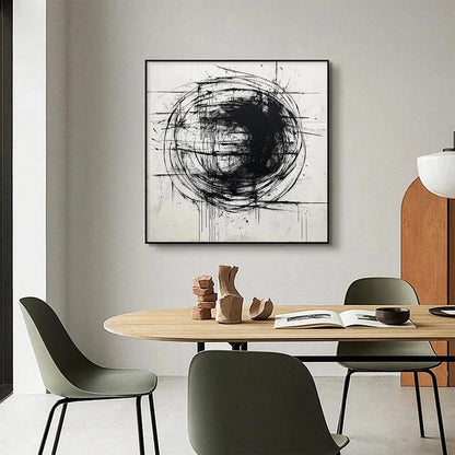 INK VORTEX: Minimalist Black and White Abstract Oil Painting | gold frame stretched on neutral wall