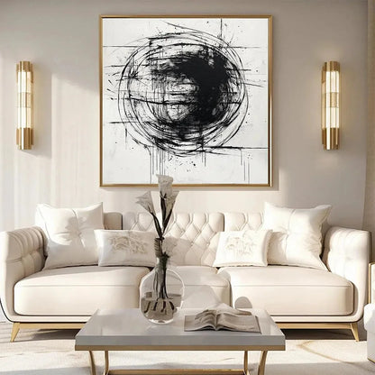 INK VORTEX: Minimalist Black and White Abstract Oil Painting | black frame version on white wall
