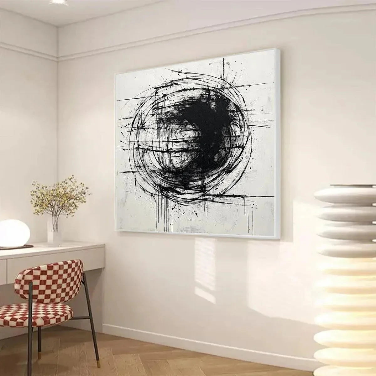 INK VORTEX: Minimalist Black and White Abstract Oil Painting | Minimalist mood, soft natural light studio shot
