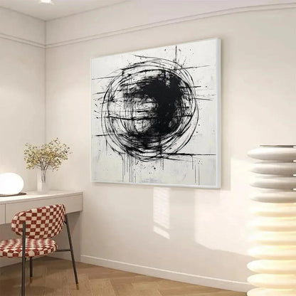 INK VORTEX: Minimalist Black and White Abstract Oil Painting | Minimalist mood, soft natural light studio shot