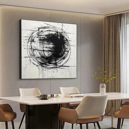 INK VORTEX: Minimalist Black and White Abstract Oil Painting | beige palette, original oil on stretched canvas art