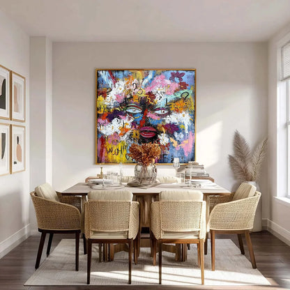 INNER DIALOGUE: Colorful Abstract Portrait Impasto Wall Art | gold frame stretched on neutral wall