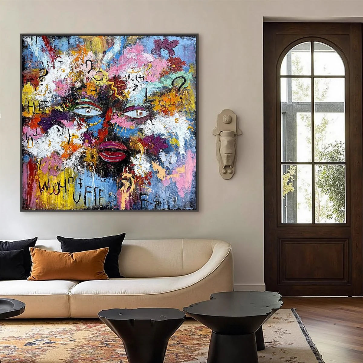 INNER DIALOGUE: Colorful Abstract Portrait Impasto Wall Art | black frame version on white wall