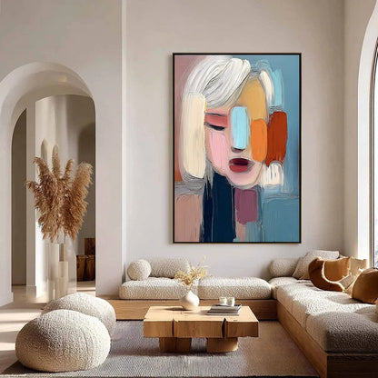INNER GAZE: Colorful Abstract Figurative Portrait Painting | gold frame stretched on neutral wall