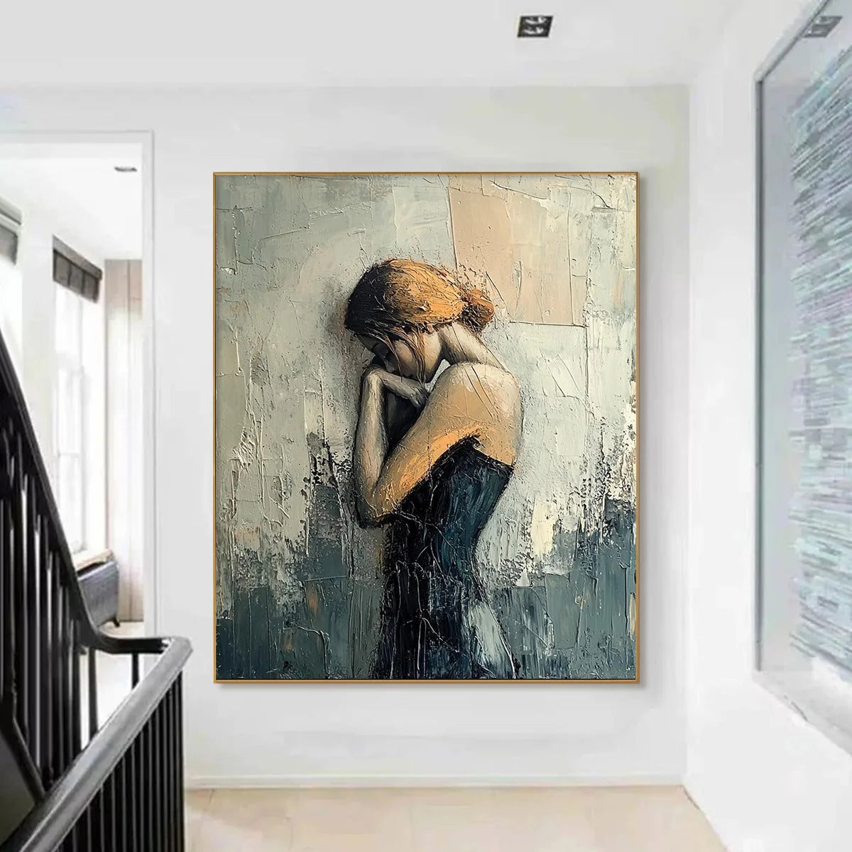 INNER REFLECTIONS: Textured Portrait Oil Painting | gold frame stretched on neutral wall