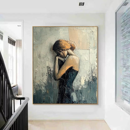 INNER REFLECTIONS: Textured Portrait Oil Painting | gold frame stretched on neutral wall