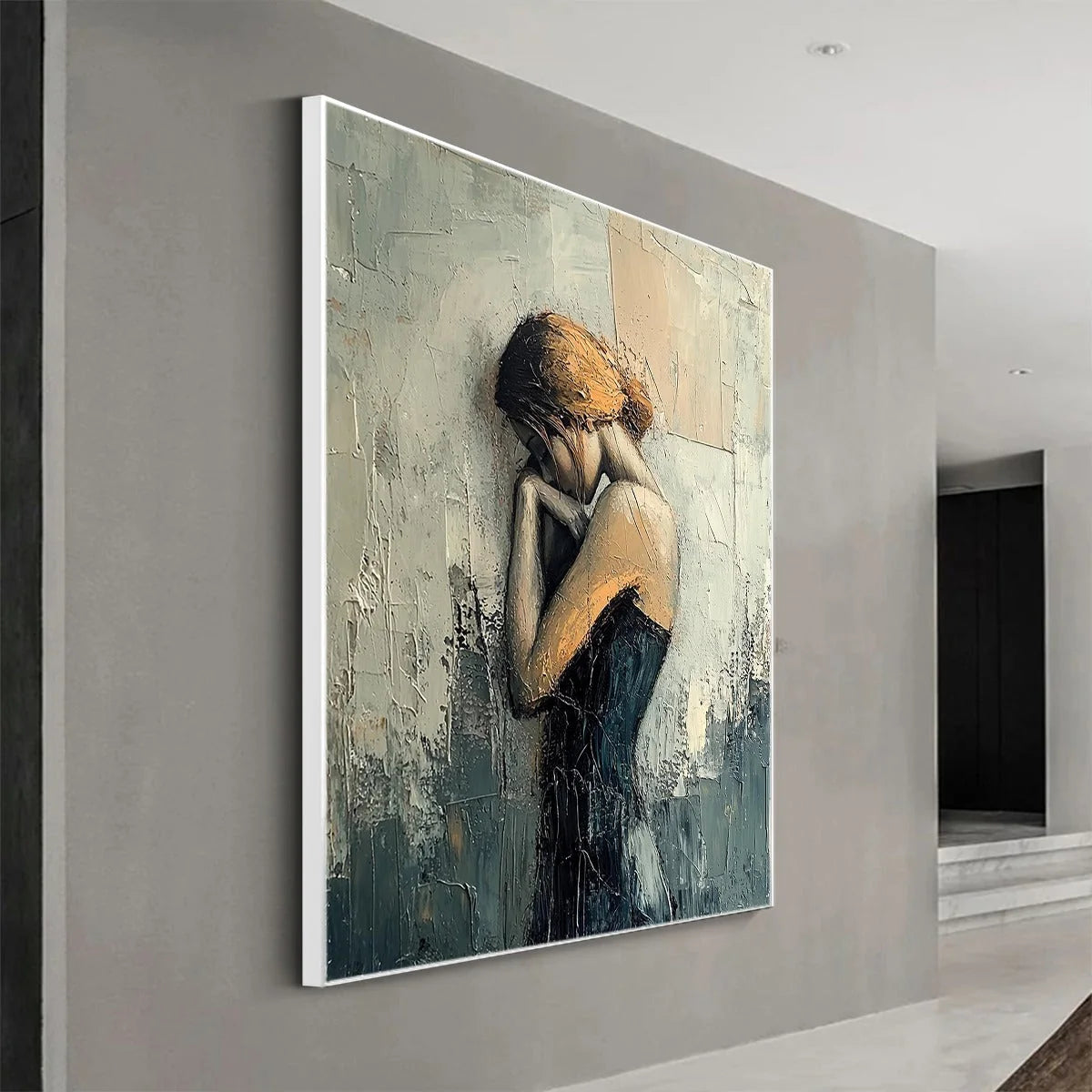 INNER REFLECTIONS: Textured Portrait Oil Painting | black frame version on white wall