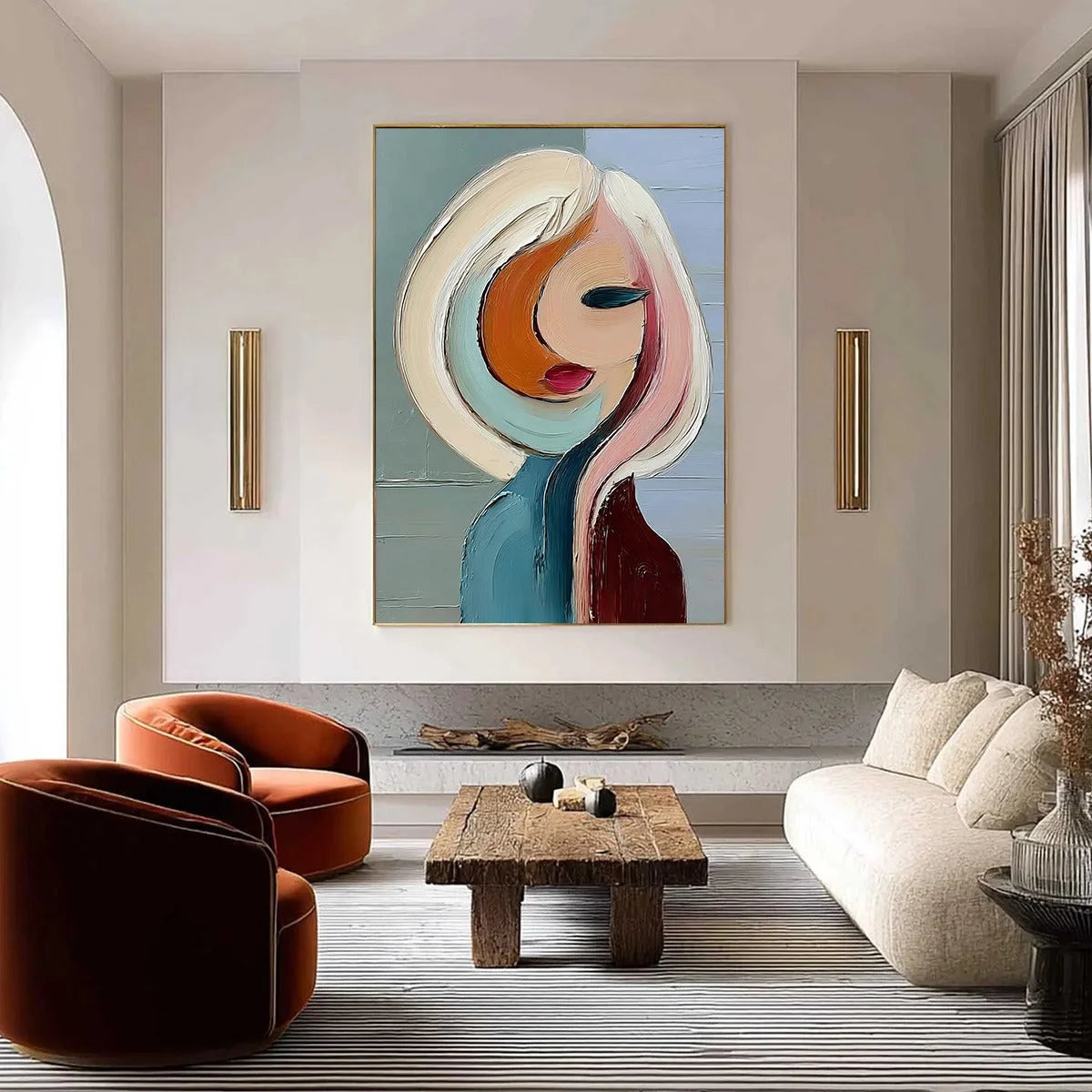 INNER WORLD: Textured Abstract Figurative Portrait Painting | gold frame stretched on neutral wall