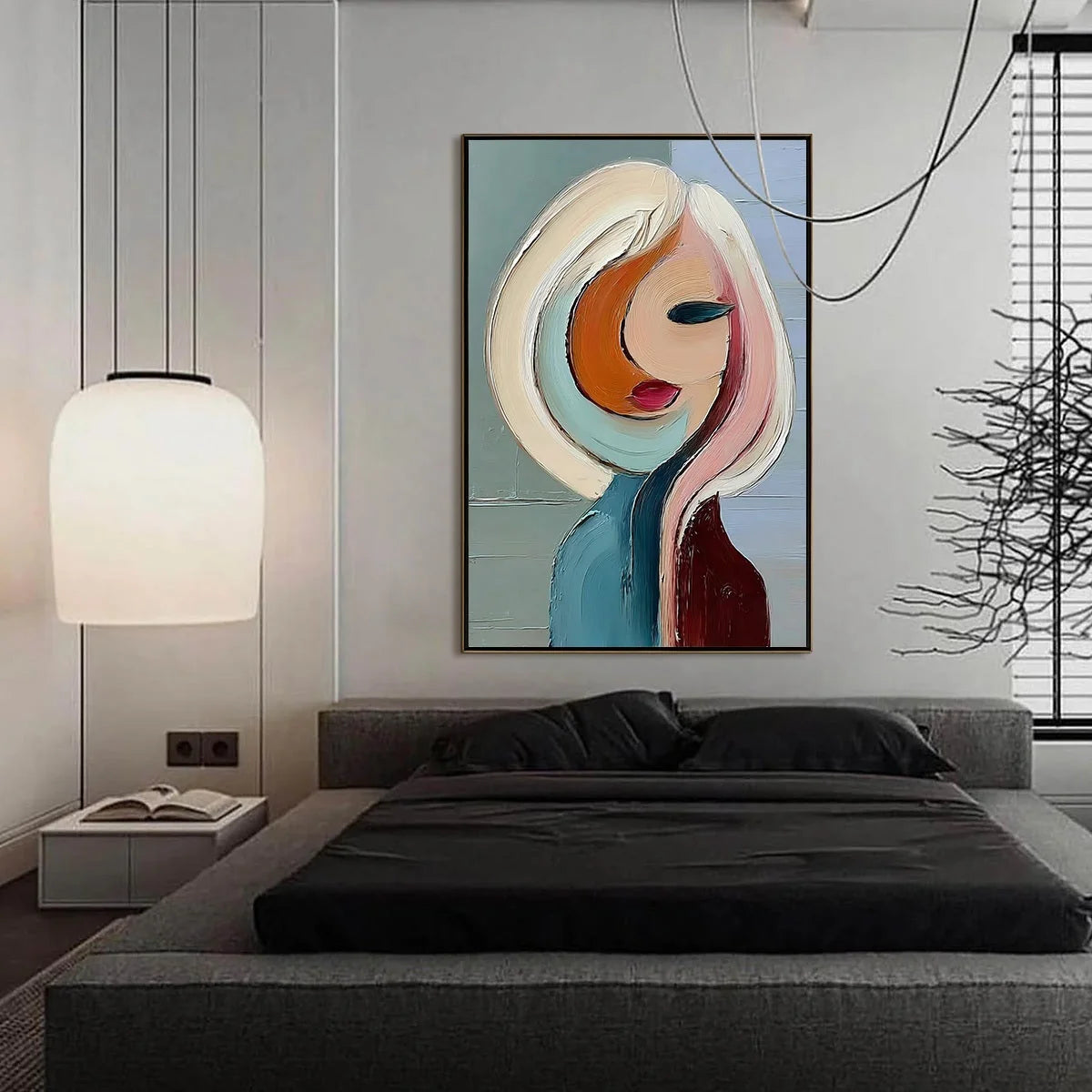 INNER WORLD: Textured Abstract Figurative Portrait Painting | black frame version on white wall