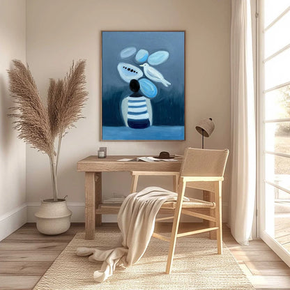 INNER WORLD Vertical Blue Abstract Textured Oil Painting for Wall | gold frame stretched on neutral wall