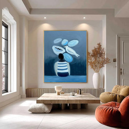 INNER WORLD Vertical Blue Abstract Textured Oil Painting for Wall | black frame version on white wall