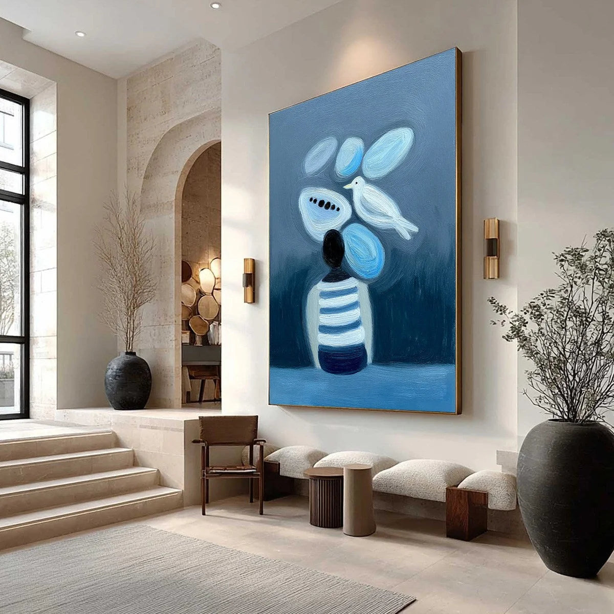 INNER WORLD Vertical Blue Abstract Textured Oil Painting for Wall | Abstract mood, soft natural light studio shot