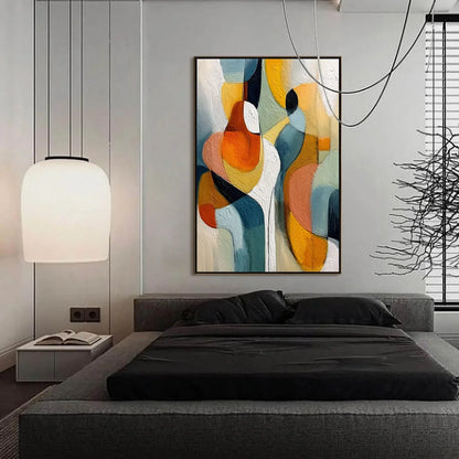INTERPLAY: Colorful Textured Abstract Oil Painting for Modern Decor | gold frame stretched on neutral wall