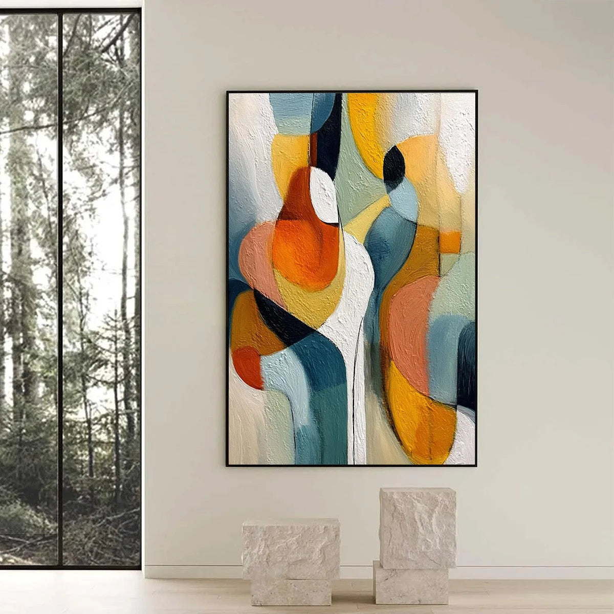 INTERPLAY: Colorful Textured Abstract Oil Painting for Modern Decor | black frame version on white wall