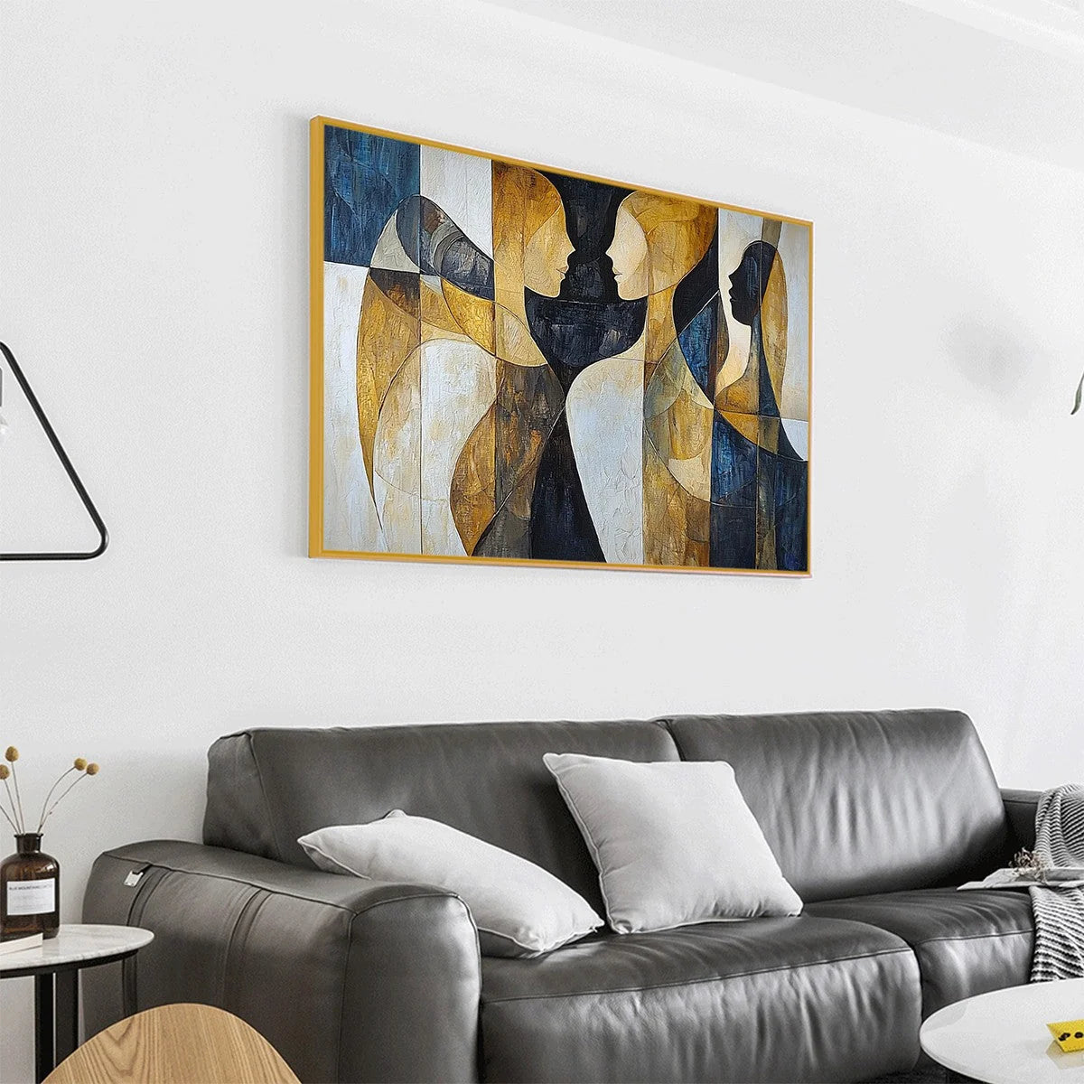 INTERTWINED: Abstract Figurative Oil Painting in Earthy Tones | gold frame stretched on neutral wall