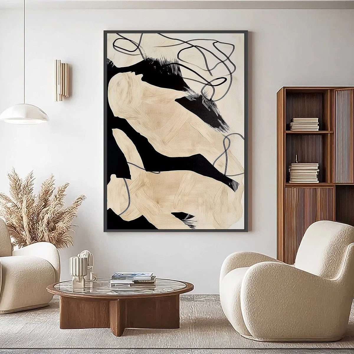 INTERTWINED: Large Vertical Minimalist Black and Beige Abstract Painting | Minimalist closeup, raised brushwork detail