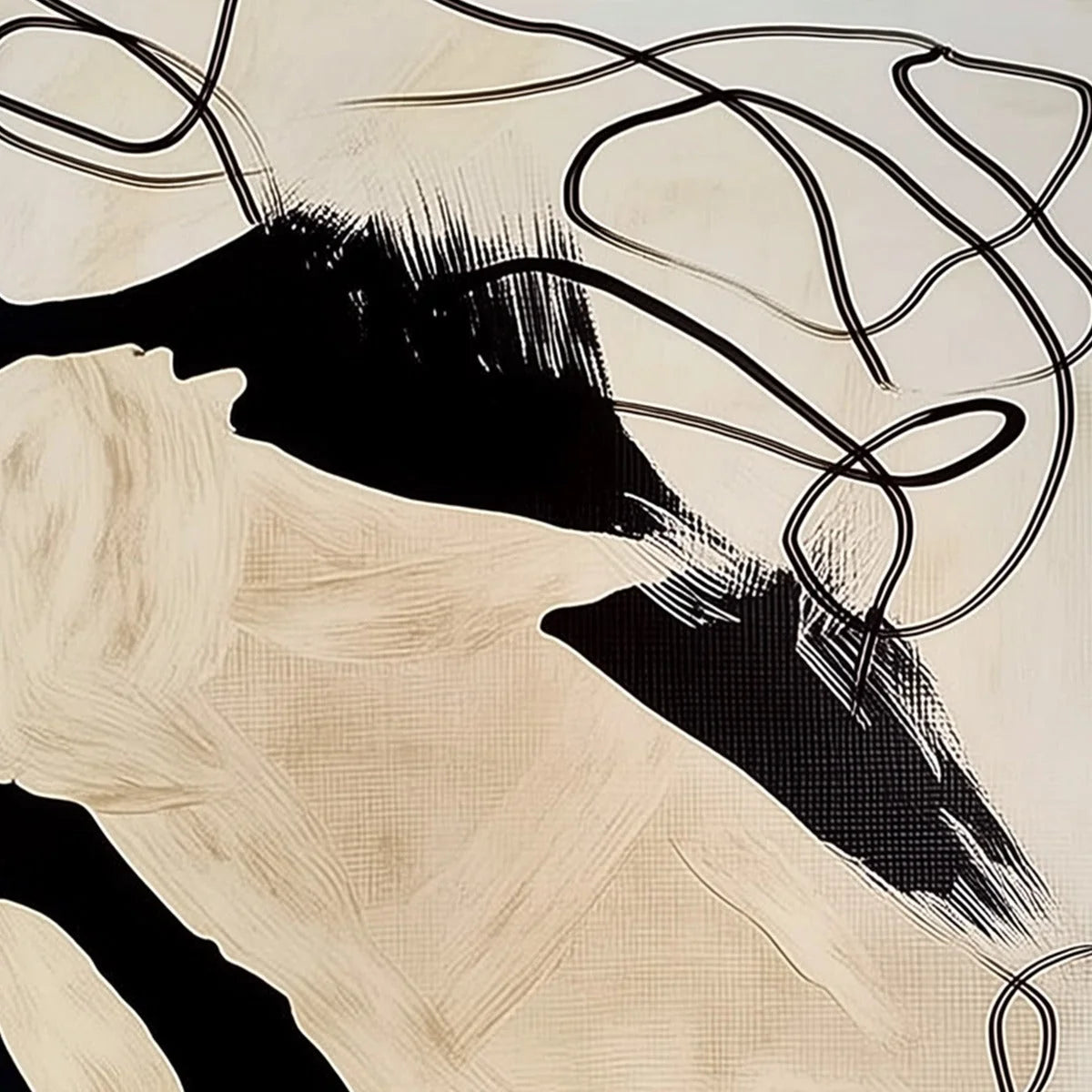 INTERTWINED: Large Vertical Minimalist Black and Beige Abstract Painting | rectangular format, hand-painted canvas edge