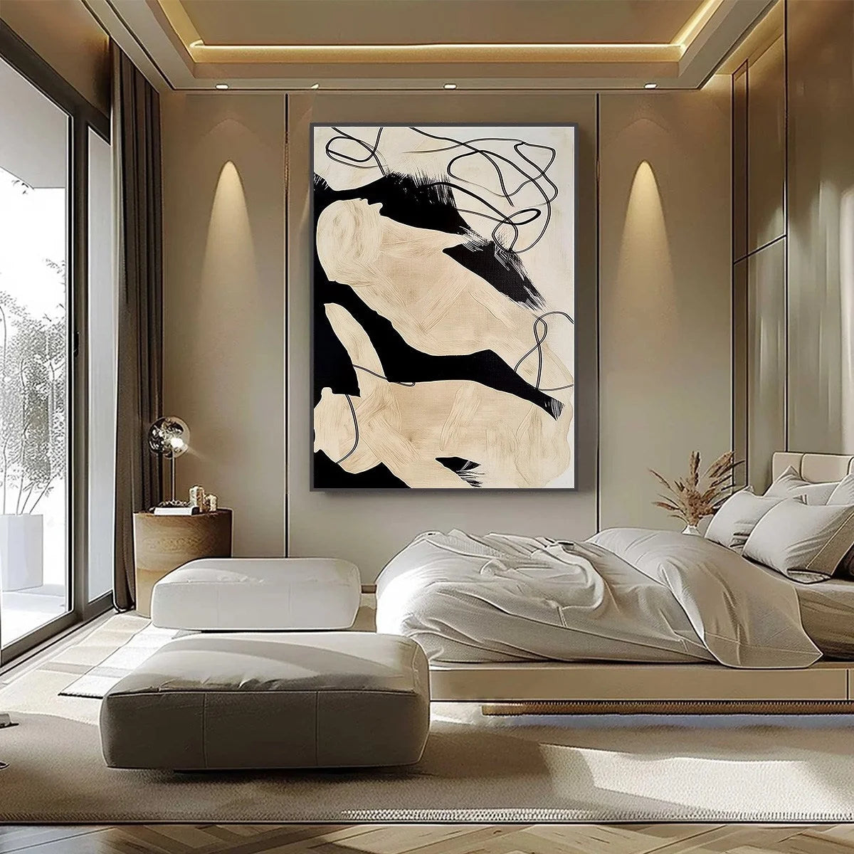 INTERTWINED: Large Vertical Minimalist Black and Beige Abstract Painting | black frame version on white wall