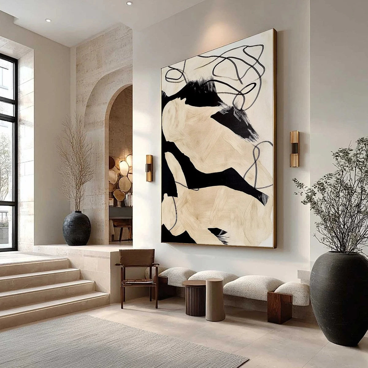 INTERTWINED: Large Vertical Minimalist Black and Beige Abstract Painting | Minimalist mood, soft natural light studio shot