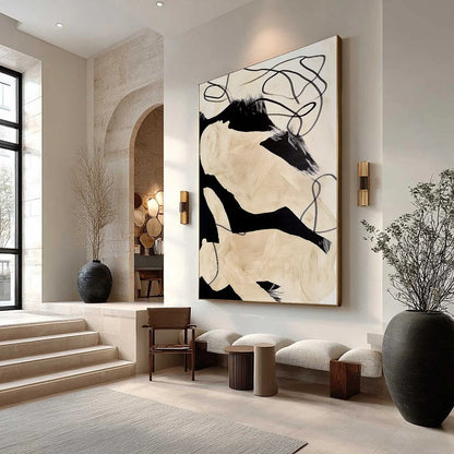 INTERTWINED: Large Vertical Minimalist Black and Beige Abstract Painting | Minimalist mood, soft natural light studio shot
