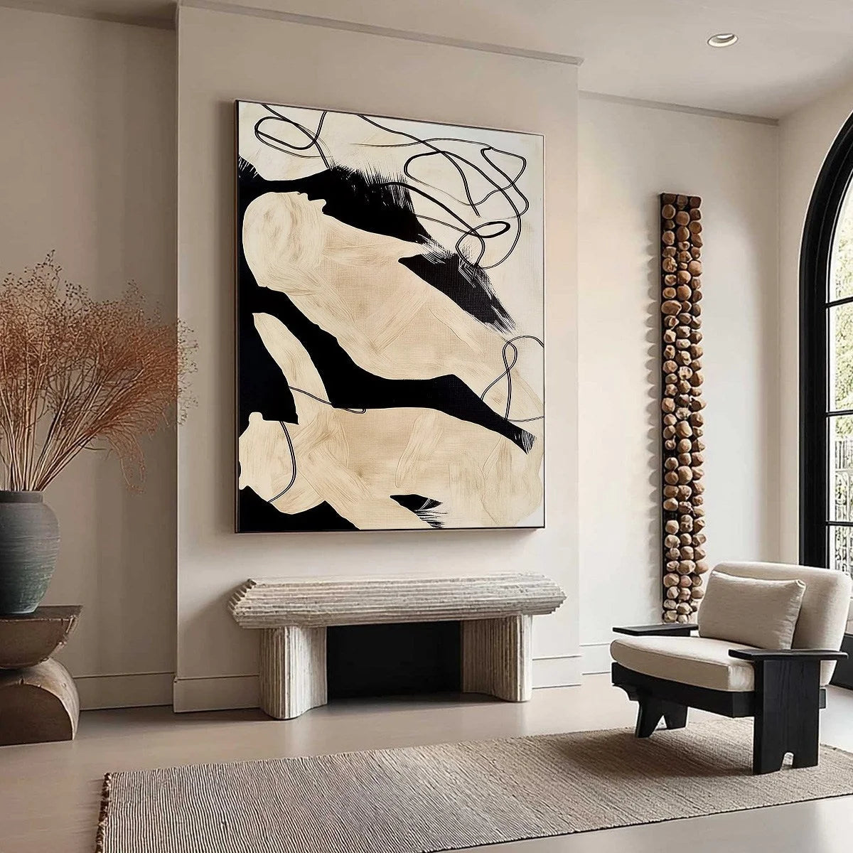 INTERTWINED: Large Vertical Minimalist Black and Beige Abstract Painting | beige palette, original oil on stretched canvas art