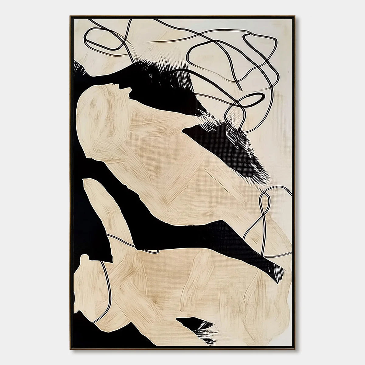 INTERTWINED: Large Vertical Minimalist Black and Beige Abstract Painting | hanging in living room, Minimalist wall art