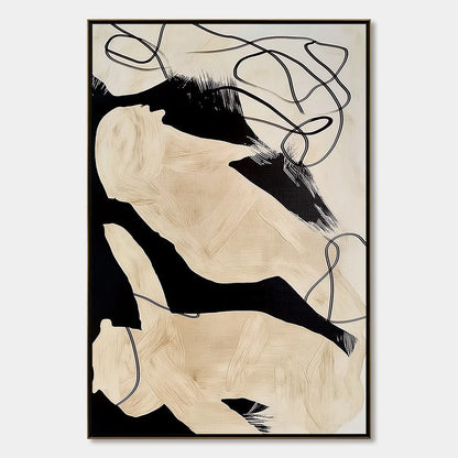 INTERTWINED: Large Vertical Minimalist Black and Beige Abstract Painting | hanging in living room, Minimalist wall art
